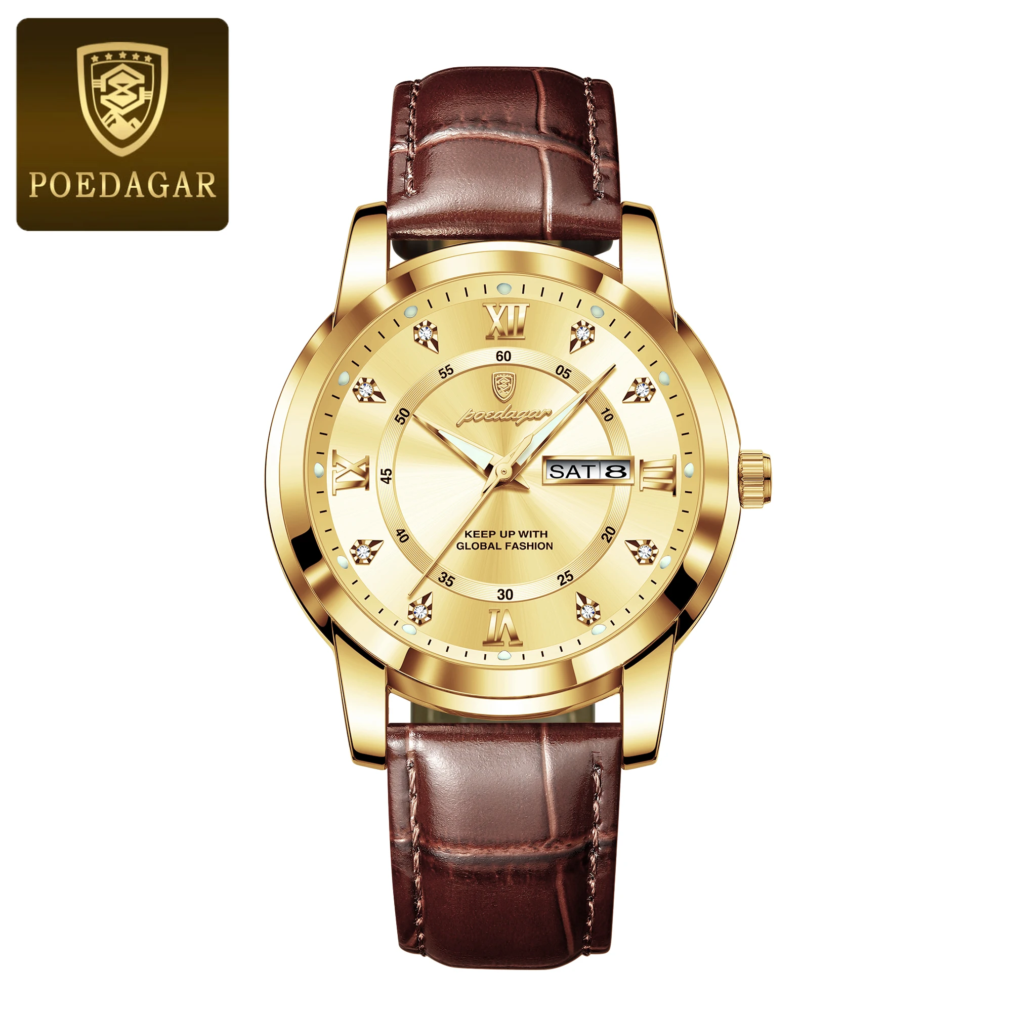 Men's Quartz Wristwatch With Luminous Date And Week Leather Strap_voghion.com