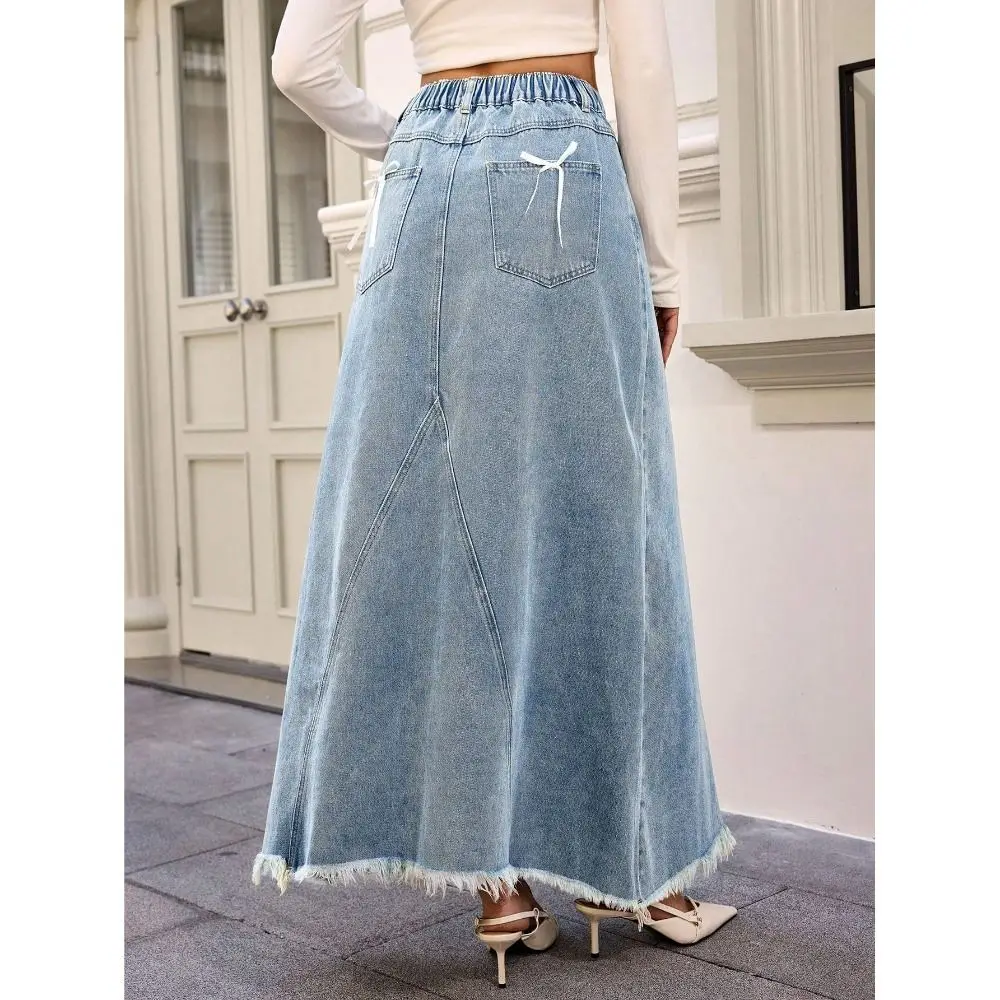 Jupe longue en jean délavé bleu classique pour femme, taille élastique, coupe trapèze décontractée, idéale pour l'été et le quotidien