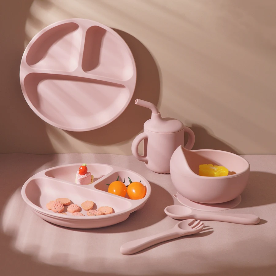 5PCS Baby Silicone Tableware Set Suction Bowl Plate Soft Utensils Sippy Cup Baby Stuff Feeding Training Sets For Baby 5