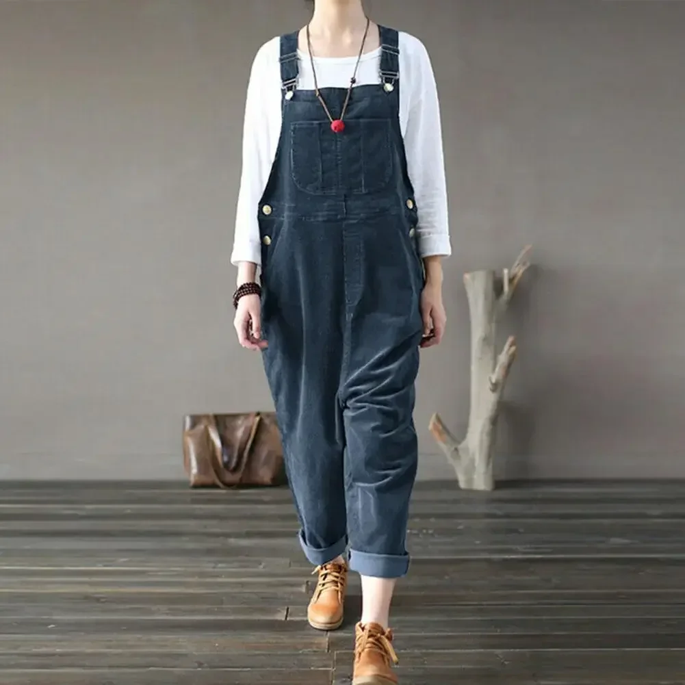 2024 Winter Corduroy Jumpsuit Women Wide Leg Overalls Solid Color Loose Sleeveless Wide Leg Jumpsuit Combinaison Femme