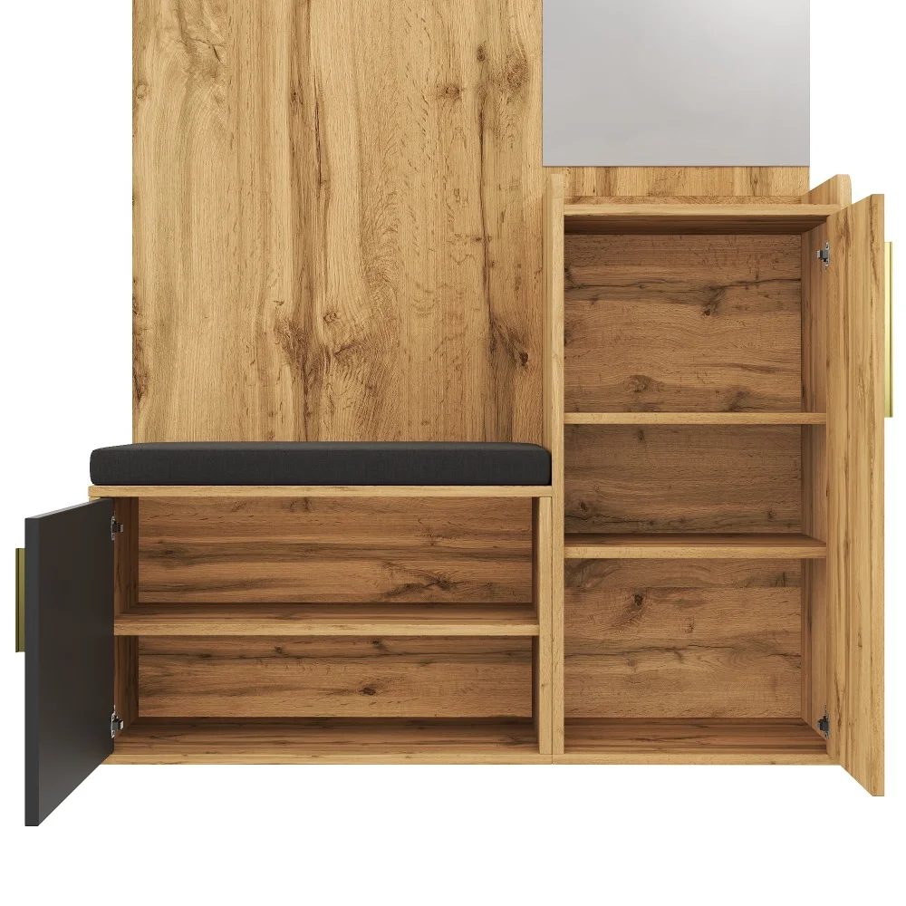 Kompakter Kleiderschrank mit Spiegel und Bank, Flurgarderobe mit Schuhschrank und Haken, Flurmöbel-Set, in Holzoptik – Detail 13
