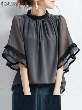 2025 ZANZEA Women Chiffon Patchwork Blouse Summer Fashion Shirt Elegant Short Flare Sleeve Work Tops Tunic Female Chemise Blusas