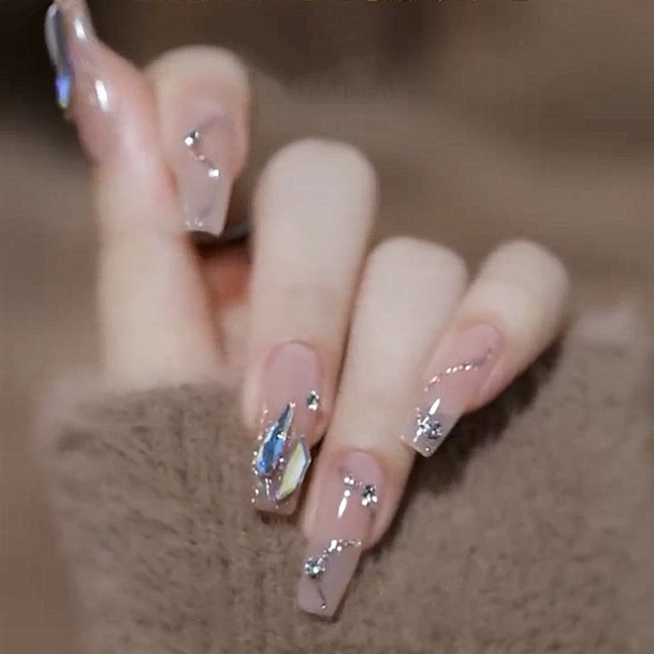 24pcs bling rhinestone design false nails with glue press on nails medium  length coffin full cover acrylic nails tips supplies| | - AliExpress