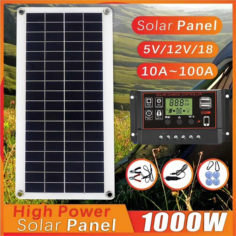 1000W 태양전지판 12V 태양전지 10A-100A 컨트롤러 태양판 키트 폰용 RV 자동차 카라반 홈캠핑 야외 배터리