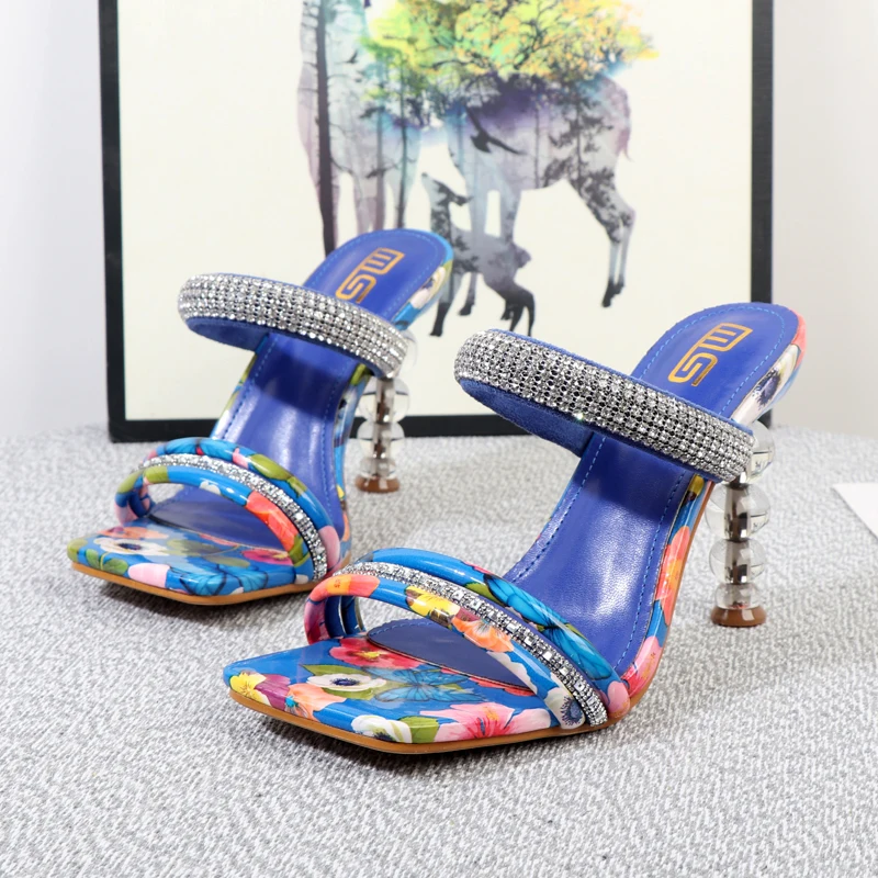 

2022 summer foreign trade printing square head rhinestones drag thin transparent glass high heels wear banquet slippers