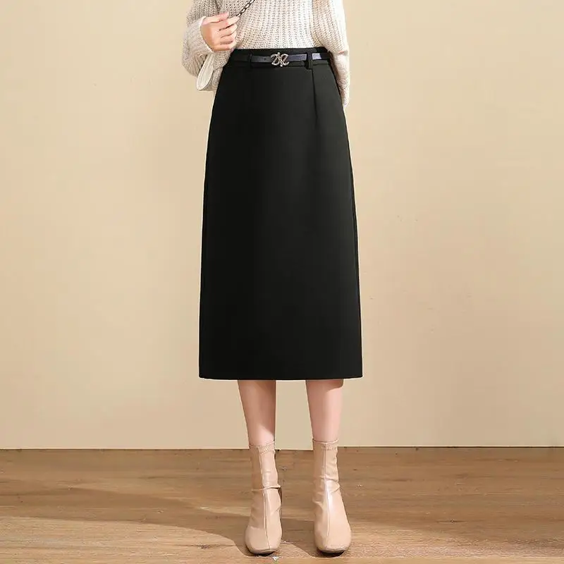 

2023 Women Autumn Winter Fashion Pockets Woolen Skirts Female Long Solid Color Skirts Ladies High Waist Slit Hip Skirts Q379