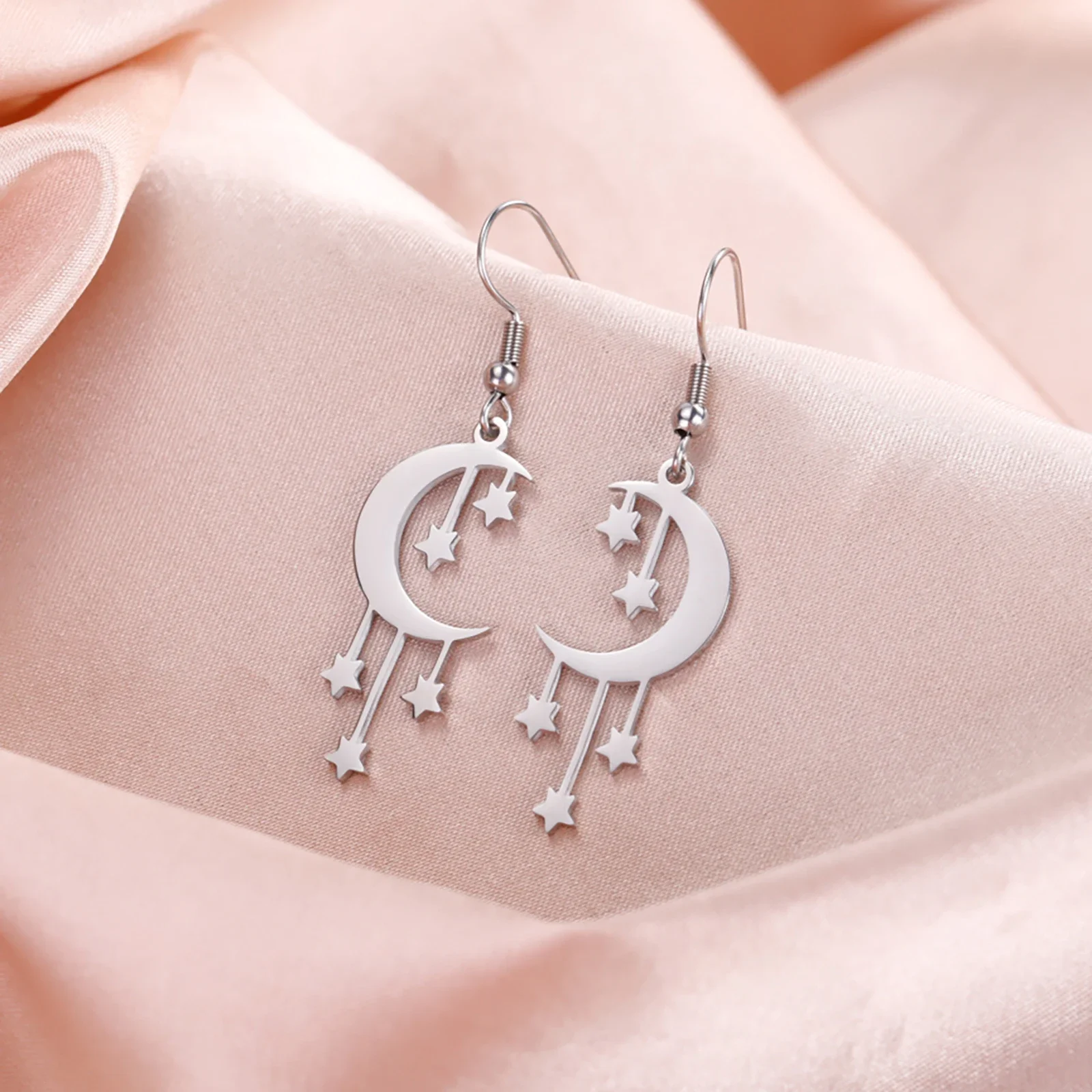 Skyrim Crescent Moon Stars Drop Earrings Stainless Steel Gold Color Dangle Earrings Bohemian Jewelry Gift for Women Girls - Image 2