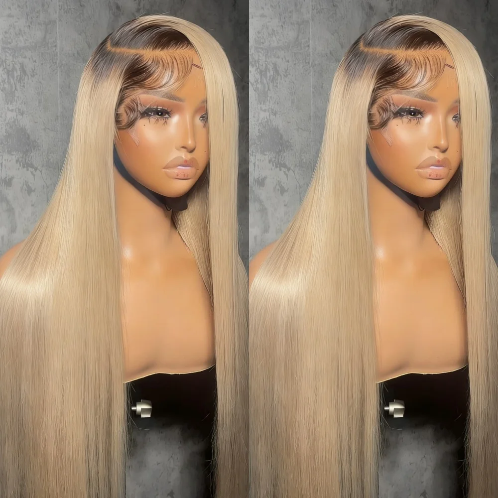 Ombre Brown Roots Ash Blonde Wig 13x4 HD Straight Lace Front Wig Human Hair 200 Density Human Hair Wig for Women Beginners 2