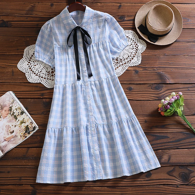 Mori girl plaid vestidos New summer fashion short sleeve women sweet dress