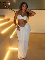 Weird Puss Elegant Women 2 Piece Set Midnight Thin Striped Knot Strapless Tops+Bandage Skirts 2023 Vacation Matching Clubwear 1