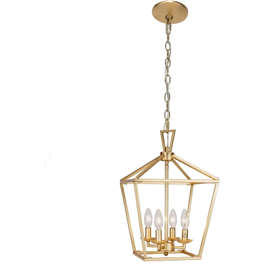 

4 Light Aging Gold Lantern Chandelier, Adjustable Height Metal Geometric Lamp Fixture 12 Inch Classic Lantern Chandelier