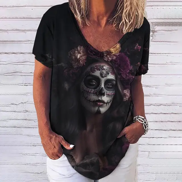 Summer 2023 New 3D Horror Skull Print Womens V-neck Top Short Sleeve T-shirt