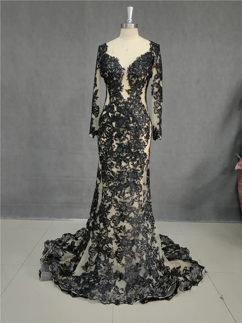 Smileven Mermaid Formal Evening Dress Long Sleeve Sexy Black Long Prom Party Gowns Made