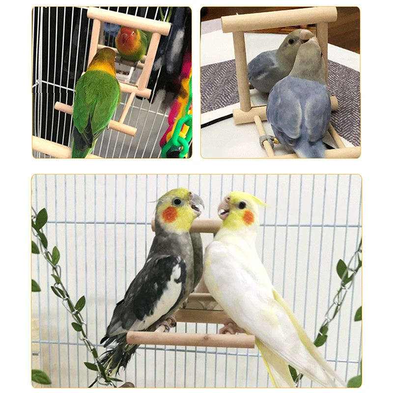 Wood Bird Mirror With Perch Stand Toy for Parrot Parakeets Cockatiels Cage Accessories