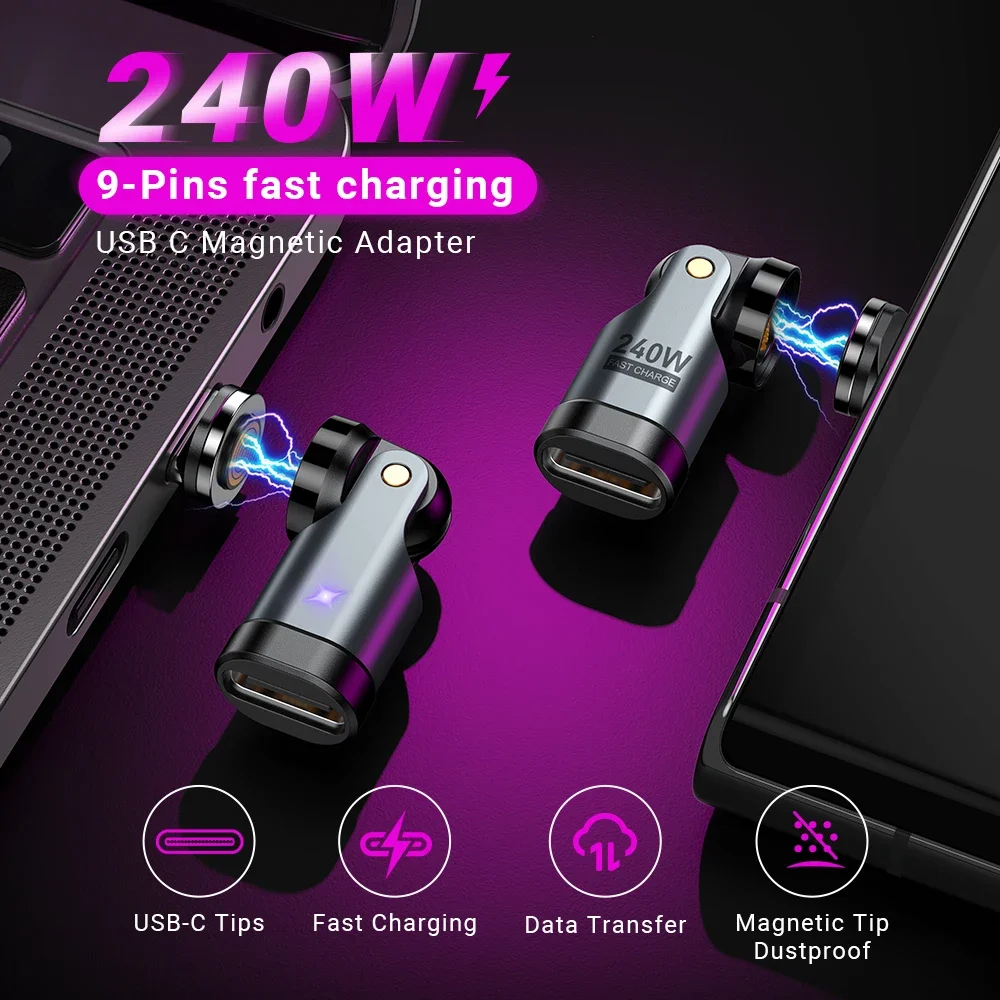 OTG Adapter AUFU 9Pin Magnetic USB C 540 Degree PD3.1 240W Fast Charging Type C Magnet Converter For iPhone 15 16 Laptop Xiaomi