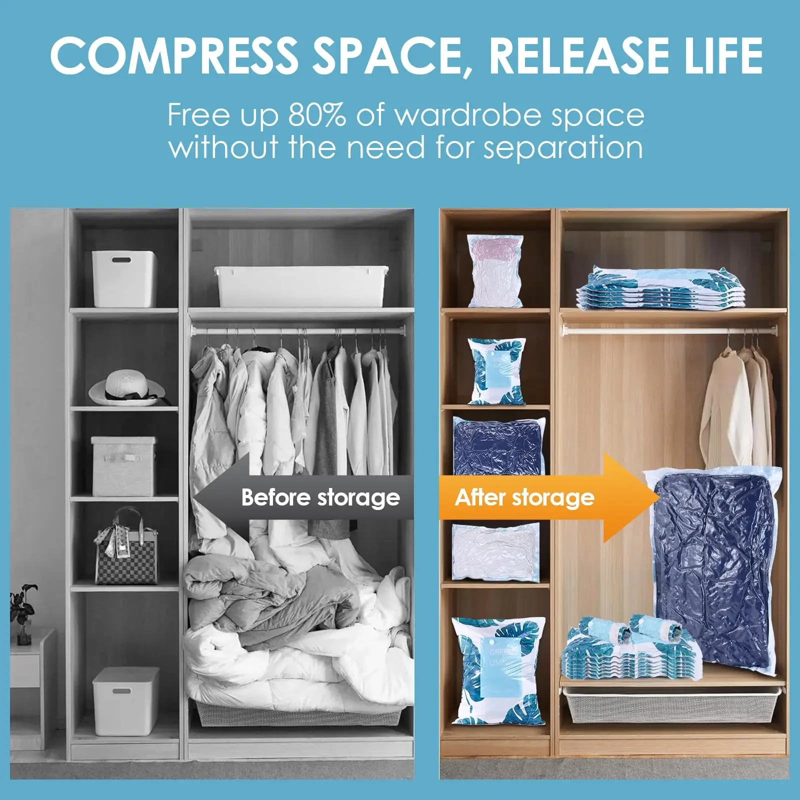 5 Pack Space Saver Bags,Vacuum Storage Bags, Sealer Clothes Storage, Compression for Comforters and Blankets Bedding Organizer 5