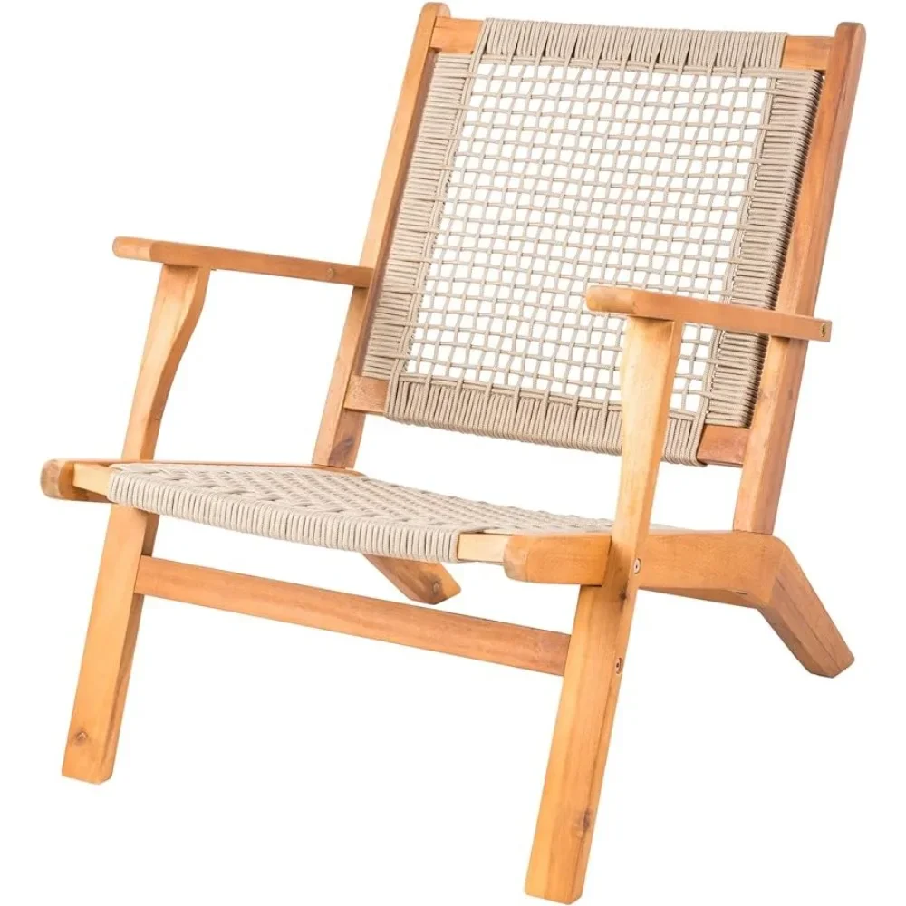 Natural Stain Outdoor Chair Acacia Wood Construction Hand Woven Seat Comfortable Reclining Armchair Patio Garden Backyard Deck