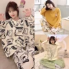 2 Pieces Set Maternity Spring Fall Pajamas Comfortable Cute Cartoon Homewear Pregnant Women's Clothing Long-Sleeved Loungewear 1