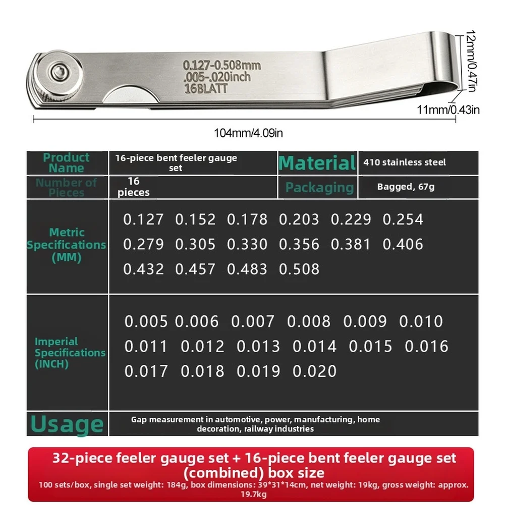 2pcs 벤트형 필러 게이지 0.04-0.88mm 0.127-0.58mm 스테인레스 스틸 밸브 두께 게이지 측정 도구 밸브 클리어런스 조정