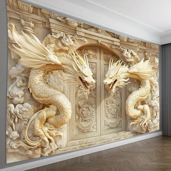 🐉 Stunning 3D Twin Dragon Tapestry – Ivory Carved Wall & Chinese Archway Design 1