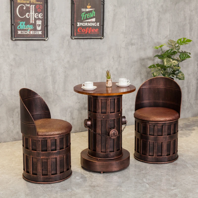 Customized Wrought Iron Old Round Stool Chair Retro Industrial Style Bar Table and Chair Oil Drum Table and Chair Combination