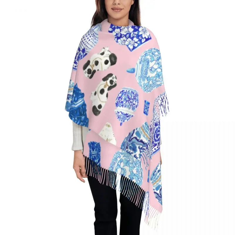 

Personalized Print Chinoiserie Curiosity Cabinet In Light Pink Scarf Women Men Winter Warm Scarves Delft Porcelain Shawls Wraps