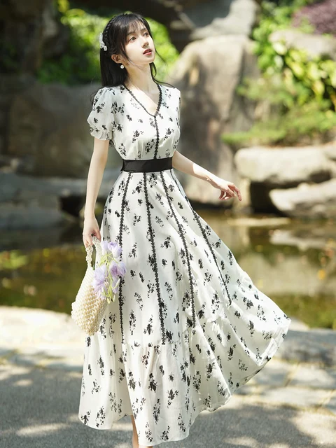 Gentle Floral Elegant Chic Party Dress Temperament Holiday Summer Beautiful  2022 Bow Romantic Fairy Korean Ashion Casual Women - Dresses - AliExpress