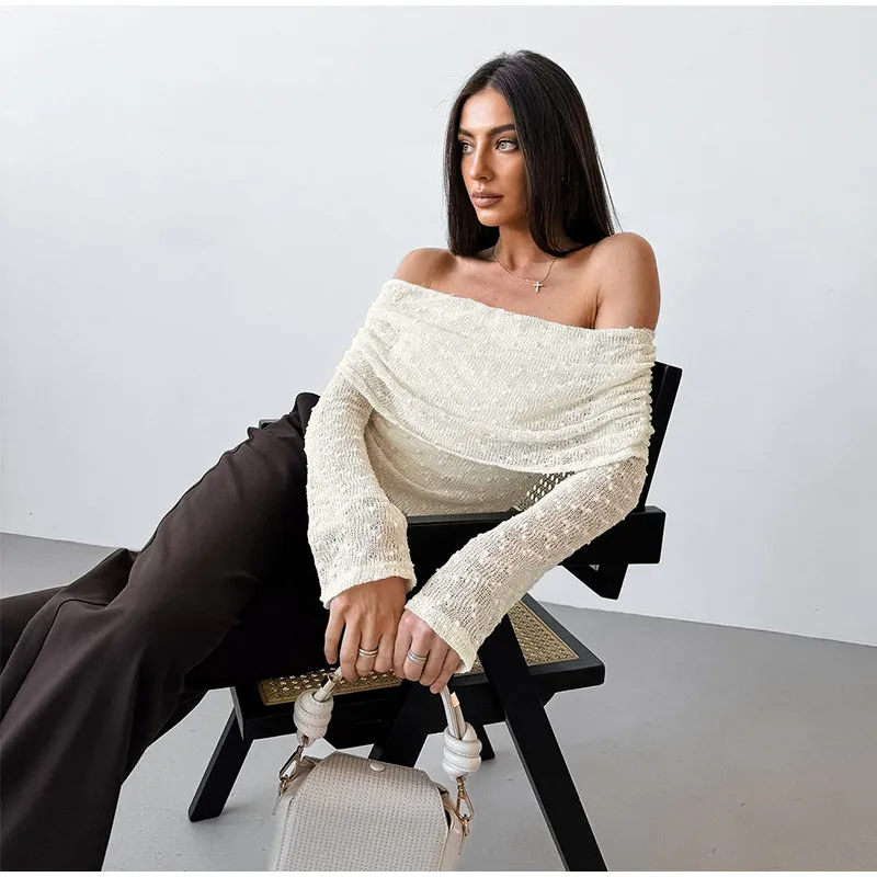 Camisa elegante con hombros descubiertos para mujer, de punto, lisa, de manga larga, sin espalda, ajustada, blusa de oficina para primavera y verano 2025.