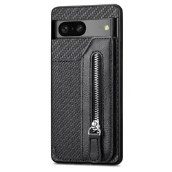Carbon Fiber Zipper Wallet Phone Cover with Card Pocket & PU Leather Finish - Pixel 6A (Black)