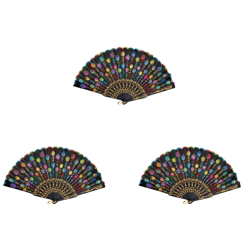 

3X Colored Embroidered Flower Pattern Black Cloth Folding Hand Fan For Woman