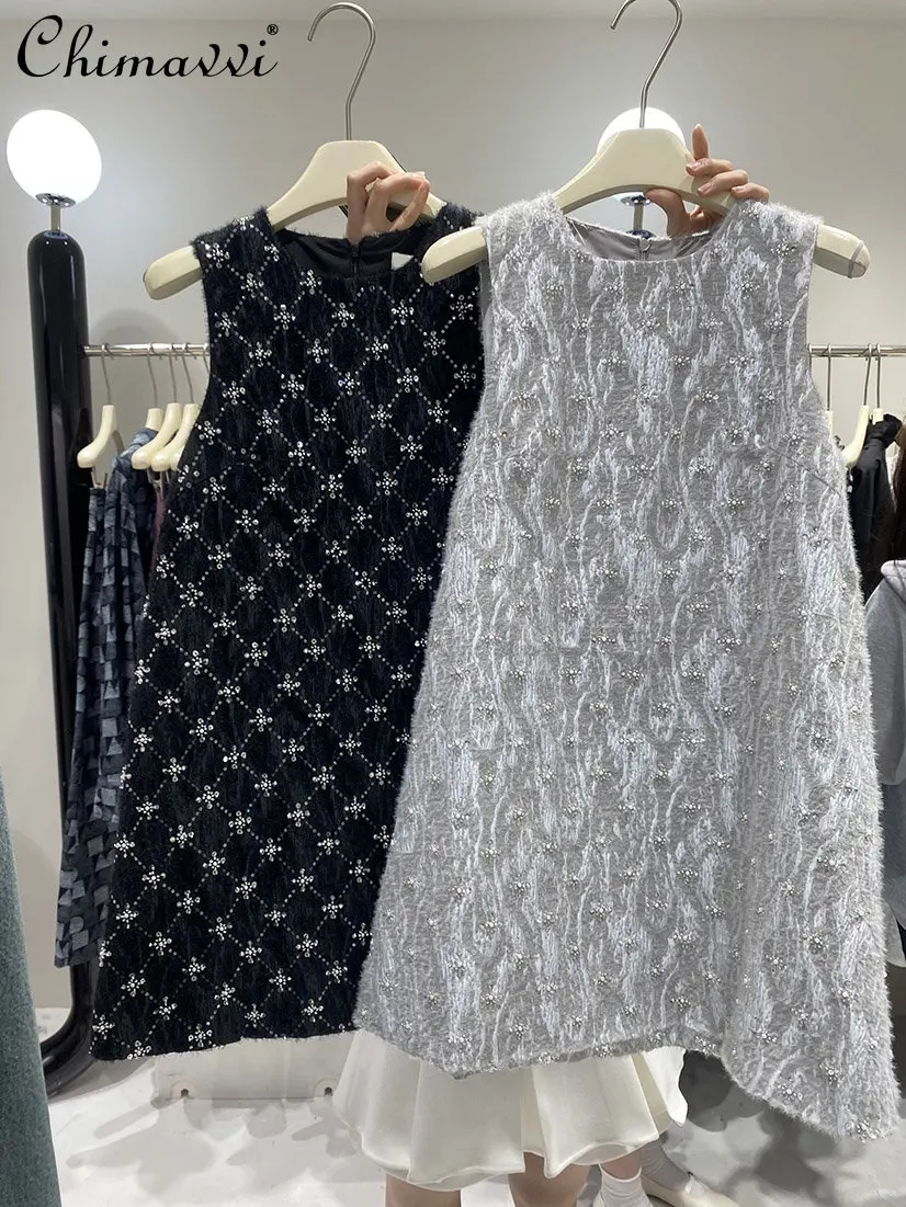 

Korean Fashion Short Dress for Women 2023 Spring New Round Neck Temperament Beaded Sleeveless Mini Dress Feminine Party Dress