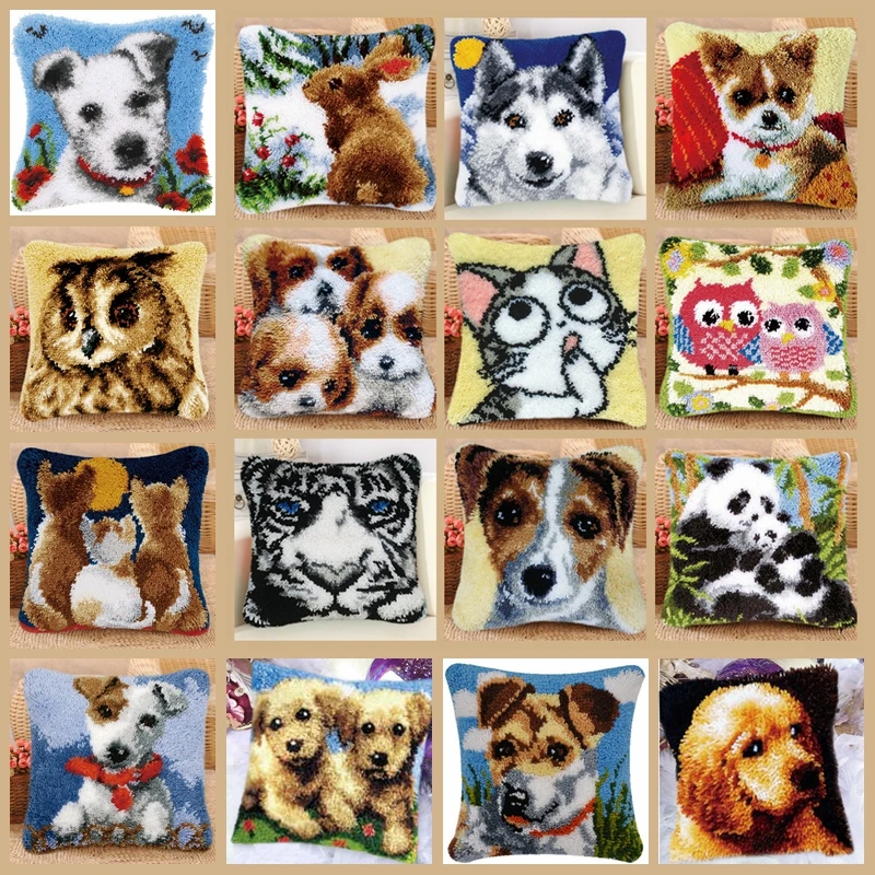 Animal Series Cat Dog Panda Latch Hook Kit Pillow Embroidery Owl Tiger Rabbit Latch Hook Cross Stitch Canvas For Plastic Bag craft supplies carpet embroidery kit