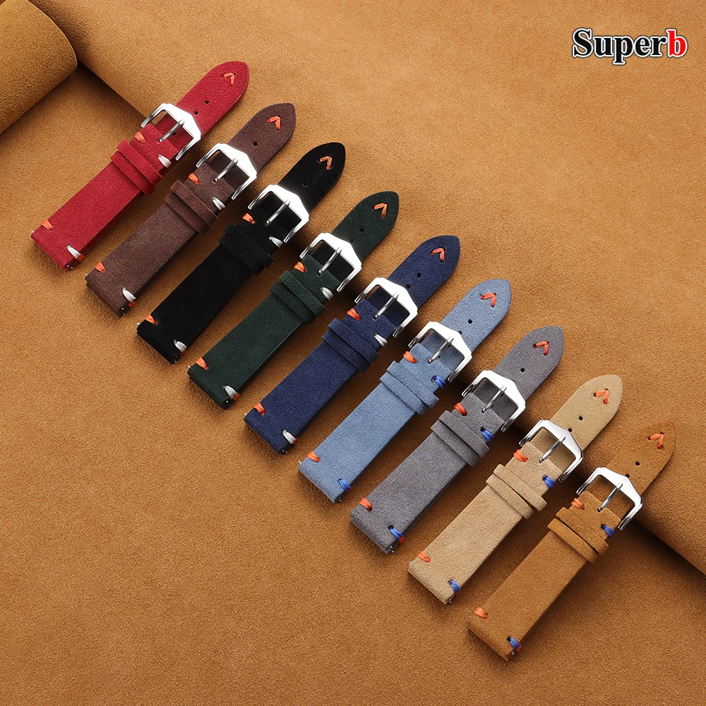 Premium Suede Leather Vintage Blue Watch Strap - Sporty and Stylish Replacement Band