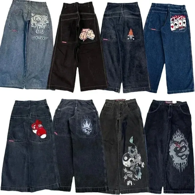 New Men Y2K Vintage Loose Big Pocket Denim Jeans Casual Simple Niche Hip Hop Printing Jeans Streetwear Wide Leg Denim