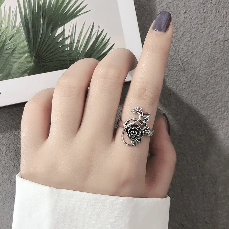 

925 Sterling Silver Unique Vintage Rose Ring for Women Fine Jewelry Finger Adjustable Open Retro Ring for Party Birthday Gift
