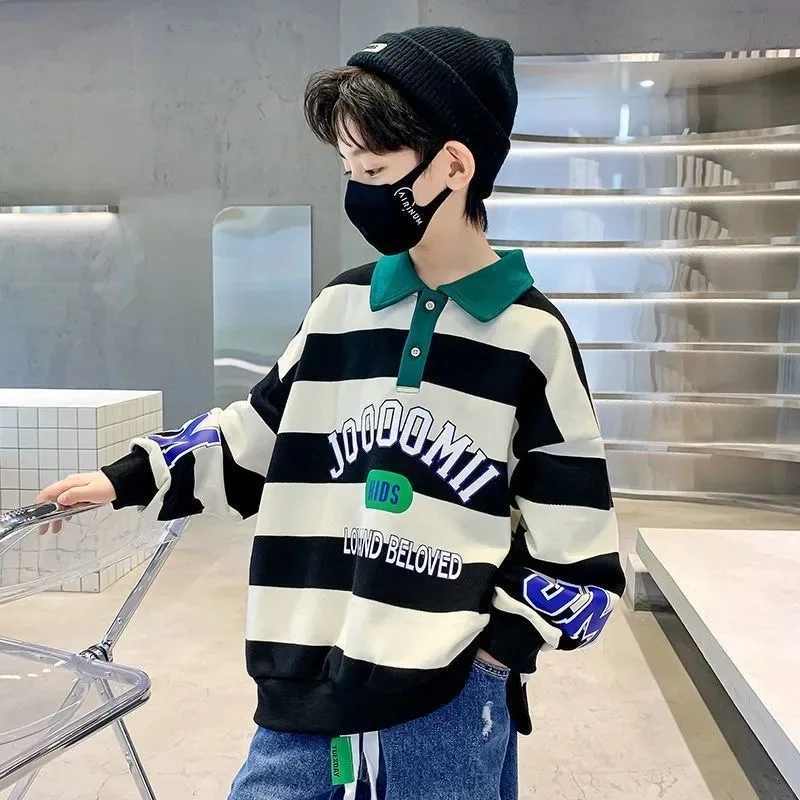 Sweatshirt Pullover Tops Jumper Boys School Kids 7-16 Yrs Cotton Contrast Striped Alphabet Turtleneck kids hoodie sweatshirts
