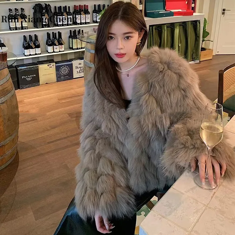 

RUN XIANG CHENG 2023 Winter Faux Fox Fur Grass Coat Women's Short Fit Young Mink Fur Raccoon Fur Coat Free Shipping White Khaki