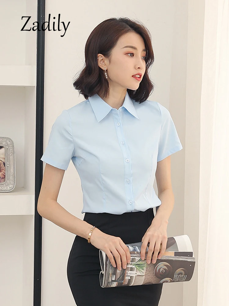 Summer Office Lady Button Up Women Basic White Shirt Minimalist Slim Tunic Button Up Top Short Sleeve Woman Work Shirts Clothing - Image 5