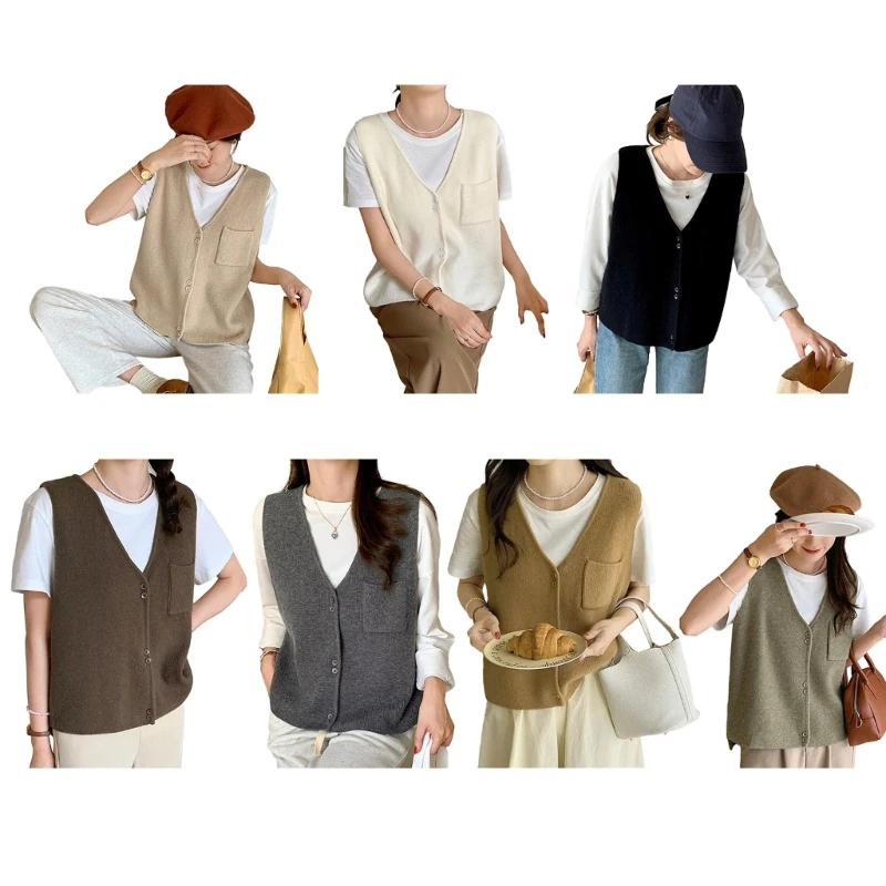 

Casual Loose Sweater Vest Cardigan for Women Autumn Sleeveless V-Neck Knitted Solid Color Button Up Knitwear Waistcoat Dropship