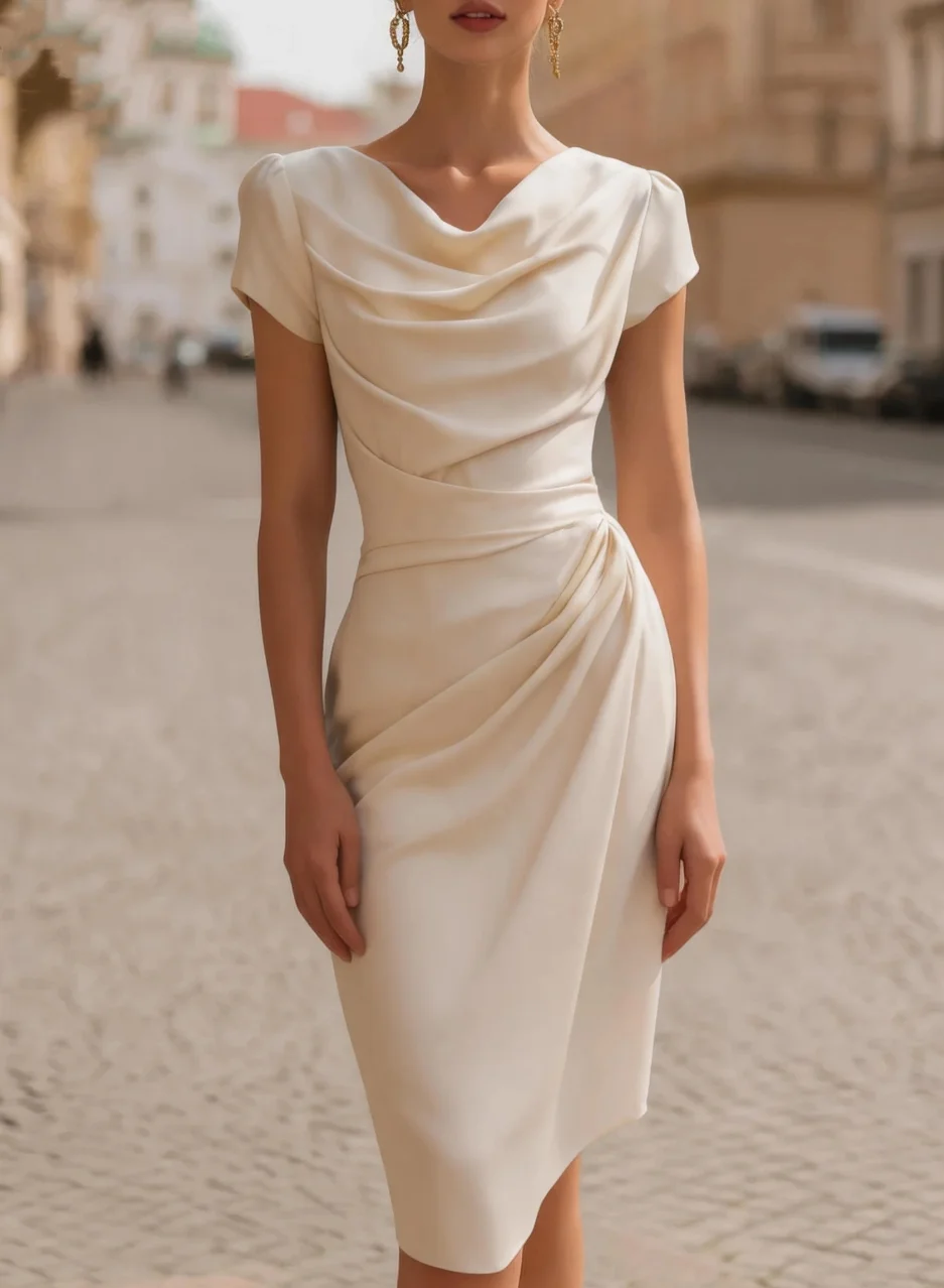 Women’s Elegant Cowl Neck Short Sleeve Fitted Midi Dress