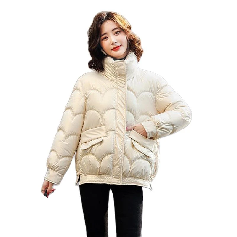 

Short Shiny Jackets 2022 New Winter Women's Parka Stand Collar Long Sleeve Zipper Solid Thick Loose Casual Down Cotton Coats Top