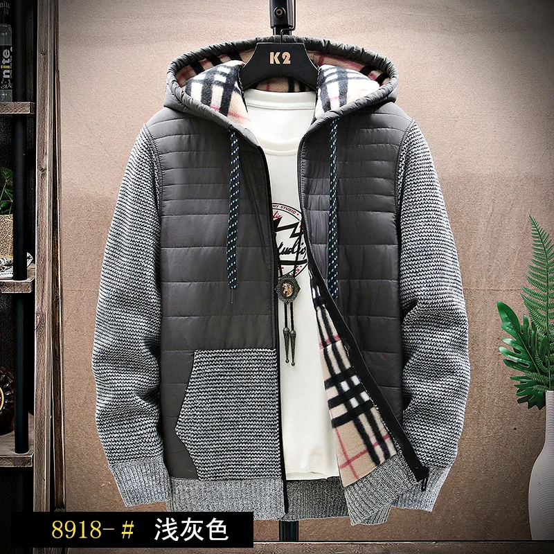 

2022 Autumn Korean Hooded Men's Sweaters with Thick and Velvet Men's Cardigan Knitted Sweatercoats Patchwork Jacket Male M-3XL