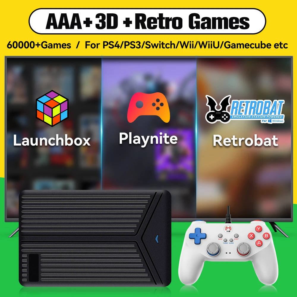 Hyper Base Mix 5T For PS4/Xbox/PS3/PS2/PS1 Launchbox & RetroBat & Playnite System 3-in-1 Game HDD with AAA &3D & Retro Games