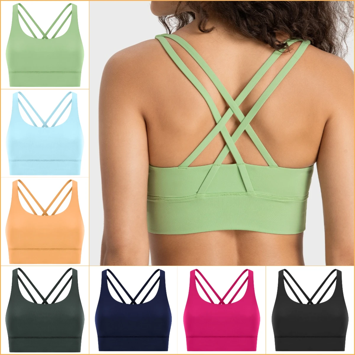 

Solid Color Soft Cross Back Women Fitness Bra Tights Yoga Vest High Strength Shockproof Gym Sports Top Push Up With Chest Pad