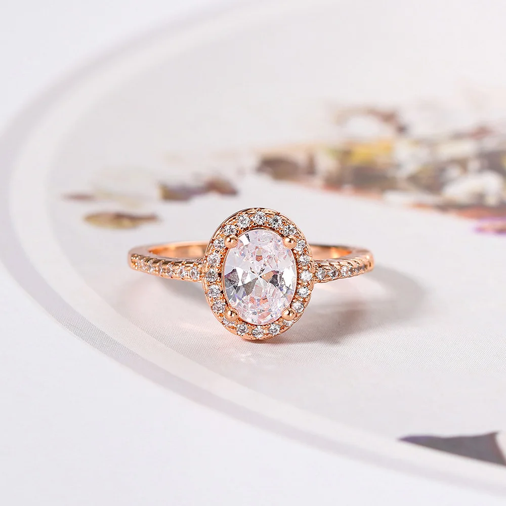 Wedding Engagement Ring Women Oval Crystal Moissanite Promise Ring Rose Gold Color Marriage Bride Jewelry Accessories OHR078