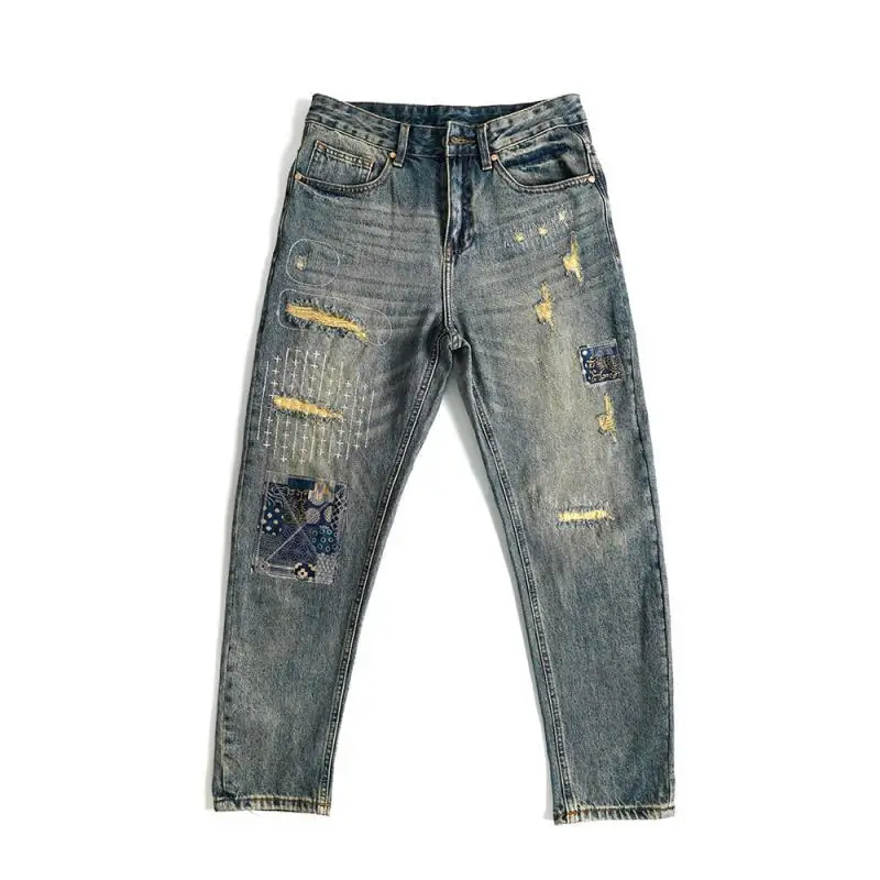 Men's Trendy American High Street Ripped Scraped Patch Patch Cloth Straight-leg Casual Jeans Trousers