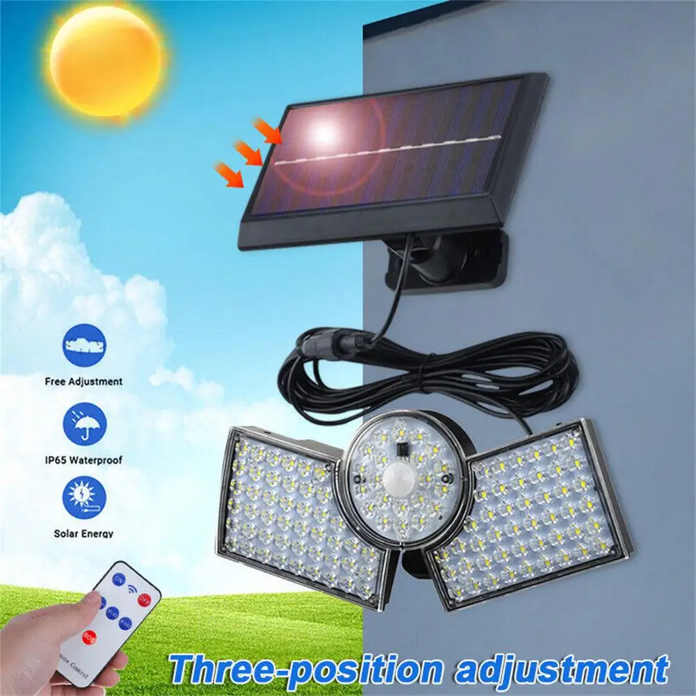 

LED Motion Sensor Solar Lights IP65 Waterproof 3 Heads Security Flood Lights Separate Solar Panel Remote Control Wall Lamp