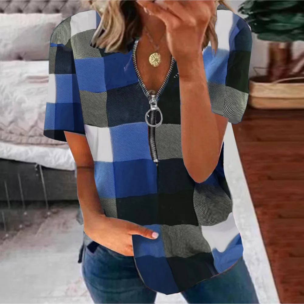 

Women's Summer T-Shirt Ladies Tops Casual Fashion Clothing Oversized Short Sleeve Plaid Zipper Shirts Female