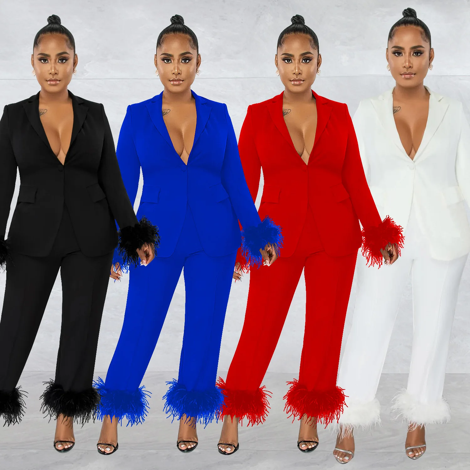 

2022 Spring and Summer Women's Plush Long Sleeves Long Pants V-neck Solid Color Two-piece
