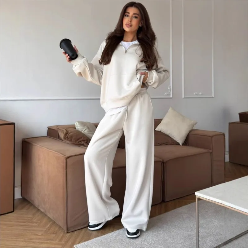 Ensemble de survêtement 2 pièces pour femmes, sweat à demi-zip uni avec poches et pantalon de jogging, tenue de sport décontractée pour l'automne et l'hiver 1
